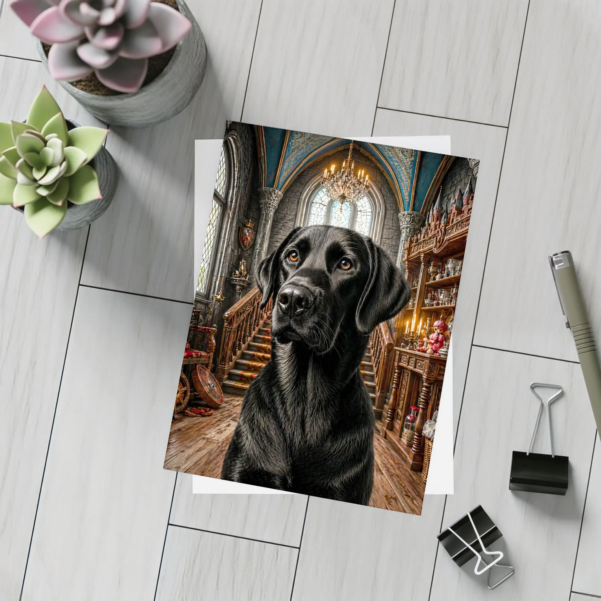 Black Labrador Retriever In Gothic Castle Hall – Postcards