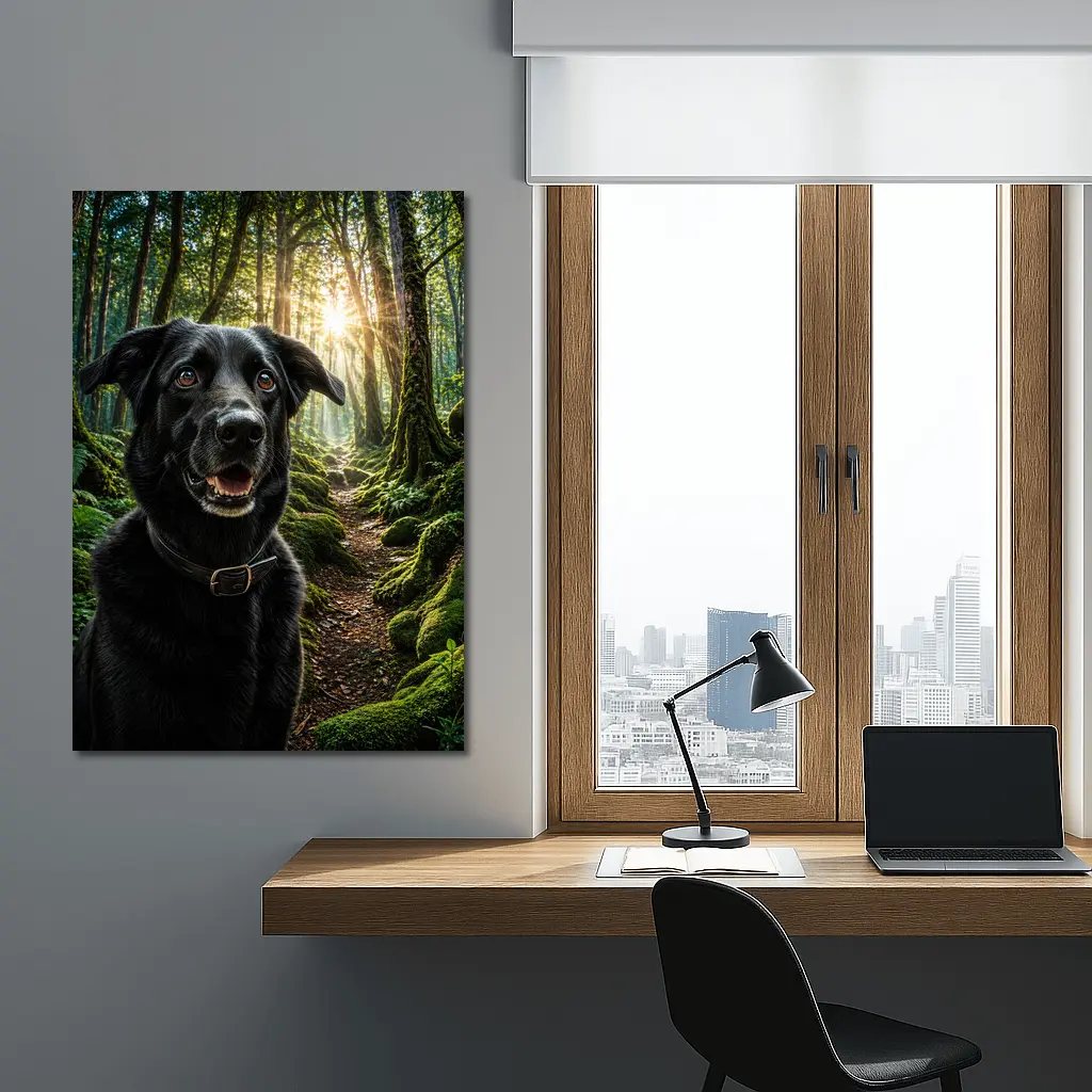 Black Labrador Smiling in Sunlit Forest – Wall Art