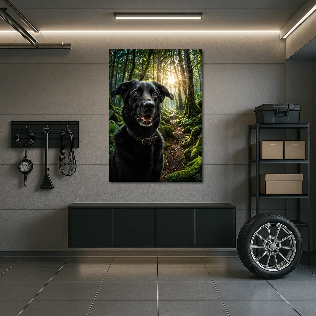 Black Labrador Smiling in Sunlit Forest – Wall Art