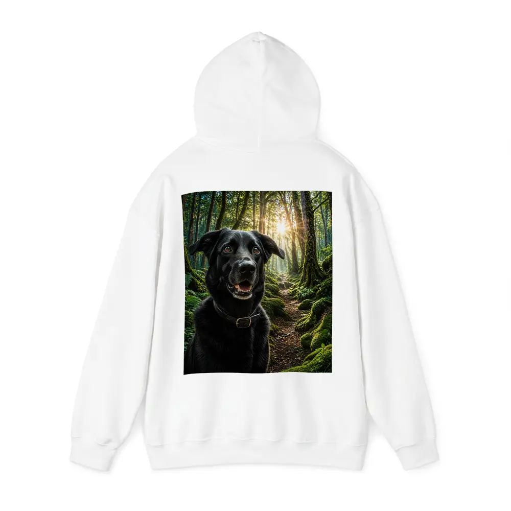 Black Labrador Smiling in Sunlit Forest – Hoodies