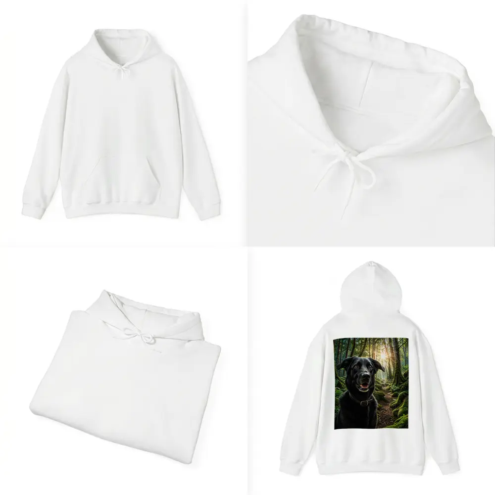 Black Labrador Smiling in Sunlit Forest – Hoodies
