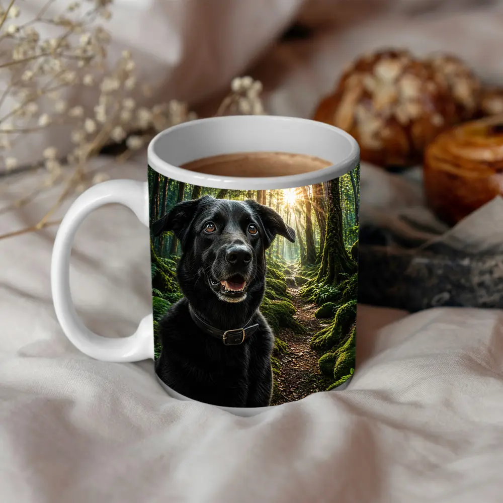 Black Labrador Smiling in Sunlit Forest – Mugs