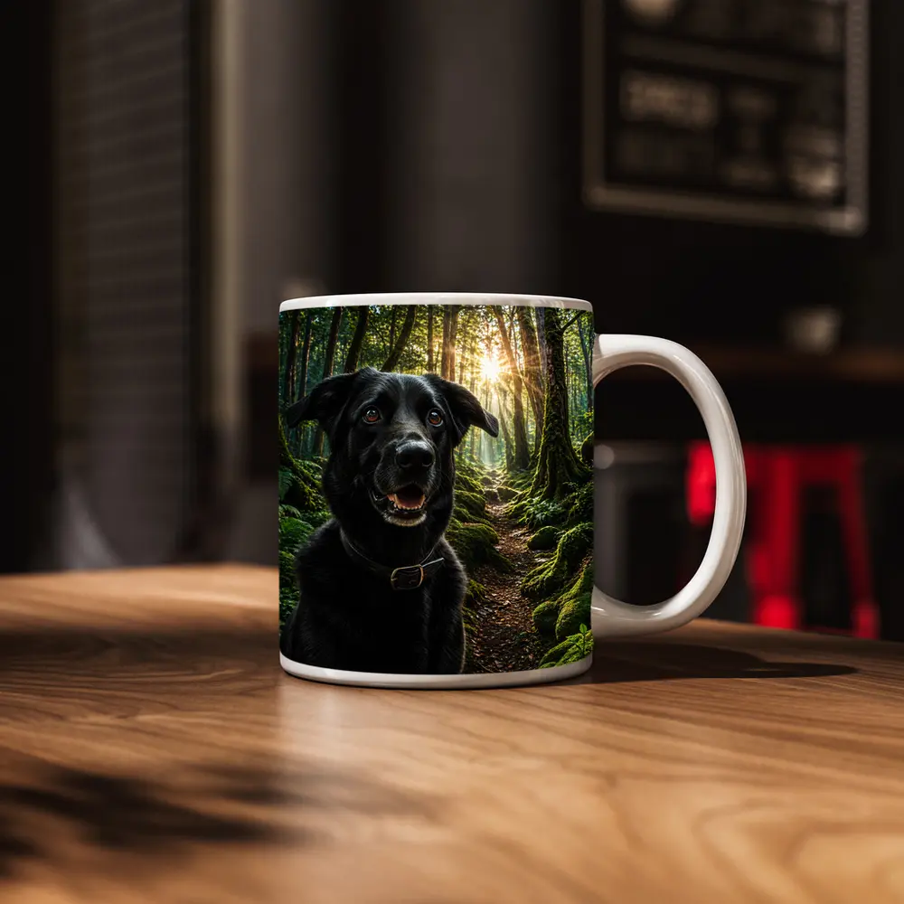 Black Labrador Smiling in Sunlit Forest – Mugs