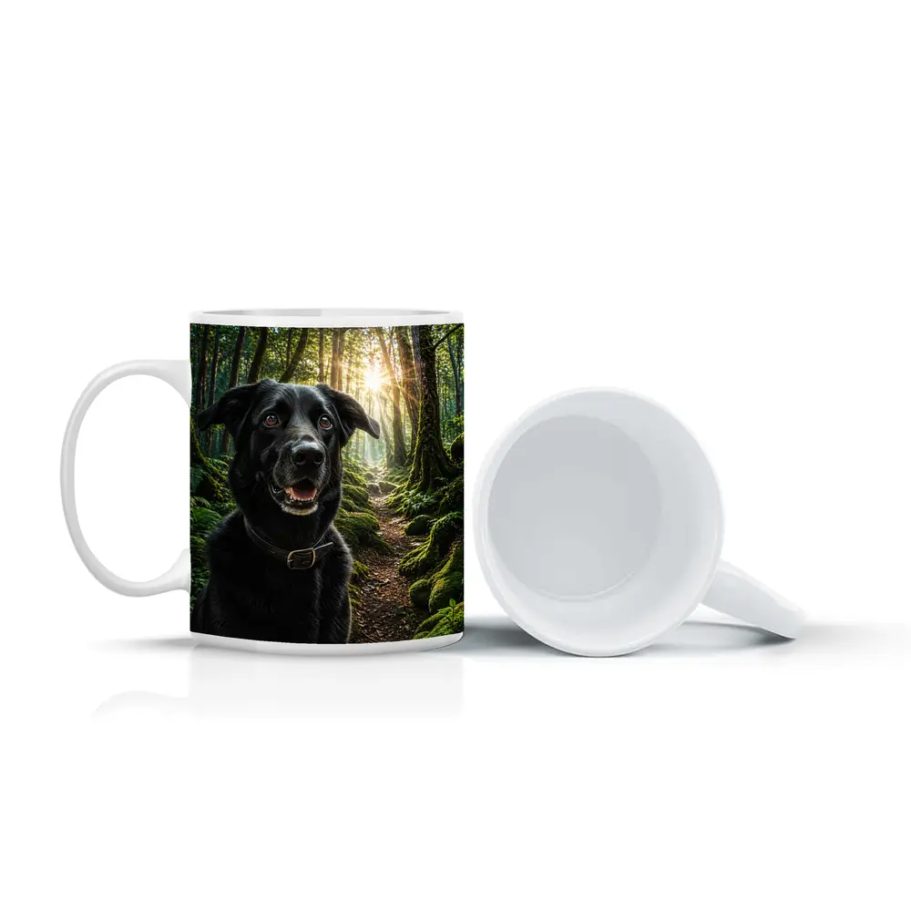 Black Labrador Smiling in Sunlit Forest – Mugs