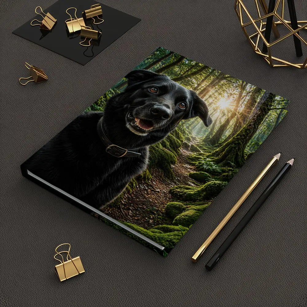 Black Labrador Smiling in Sunlit Forest – Notebooks