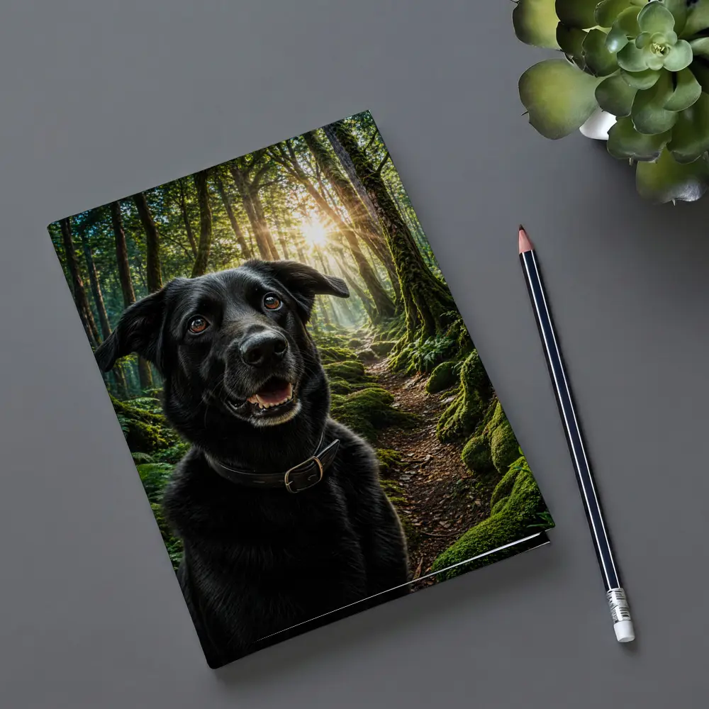 Black Labrador Smiling in Sunlit Forest – Notebooks