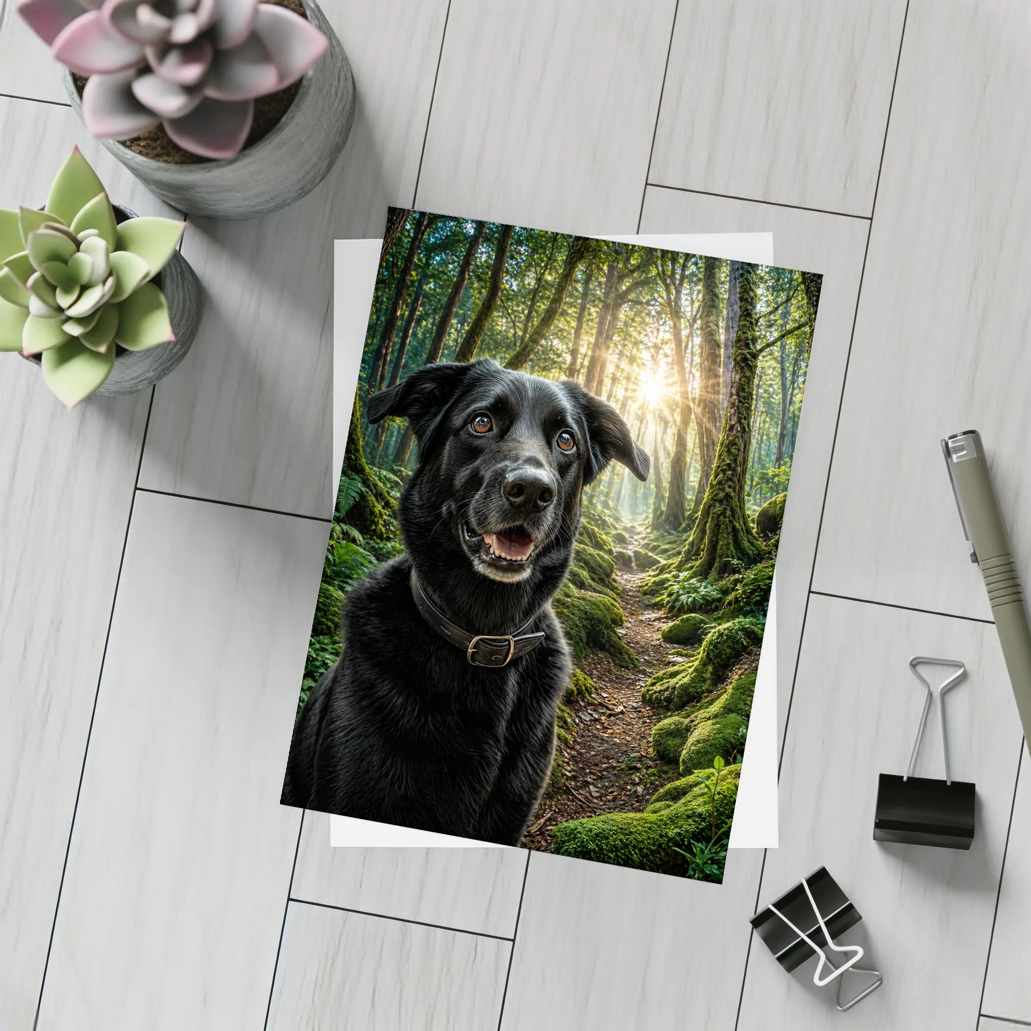 Black Labrador Smiling in Sunlit Forest – Postcards