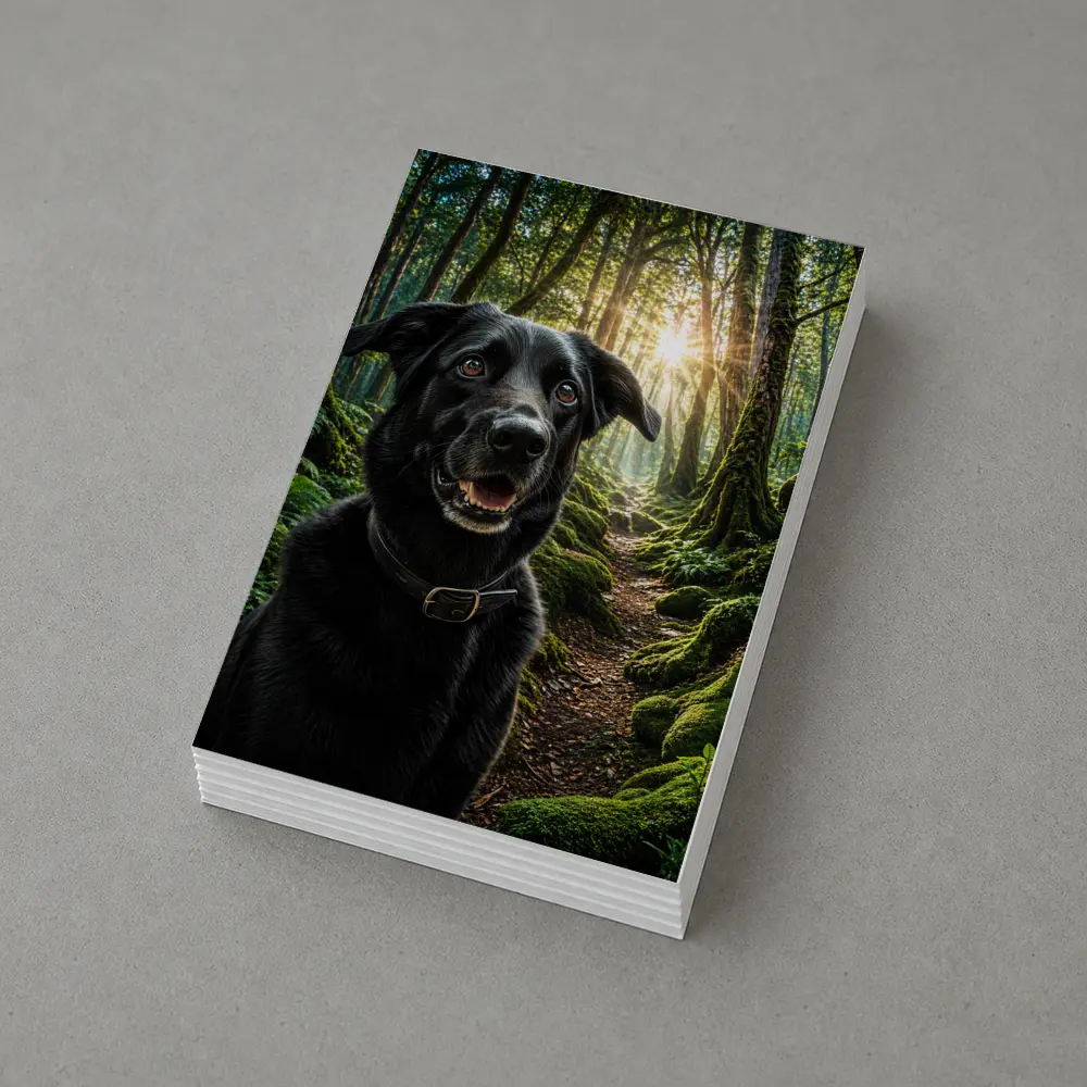 Black Labrador Smiling in Sunlit Forest – Postcards