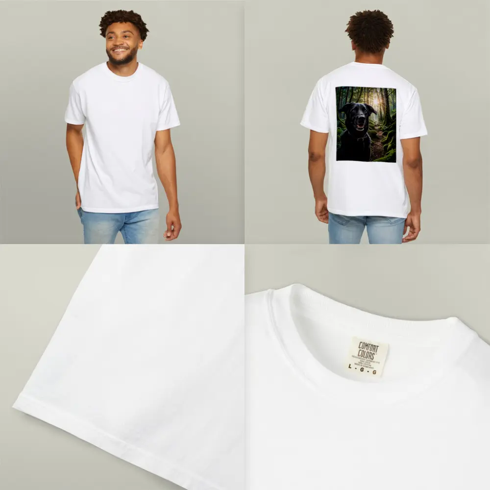 Black Labrador Smiling in Sunlit Forest – T-Shirts