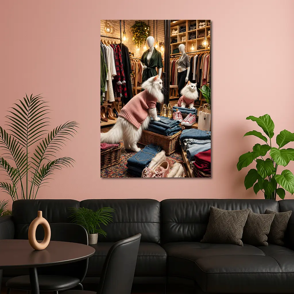 White Cat Wearing Sweater In Fashion Boutique – Wall Art