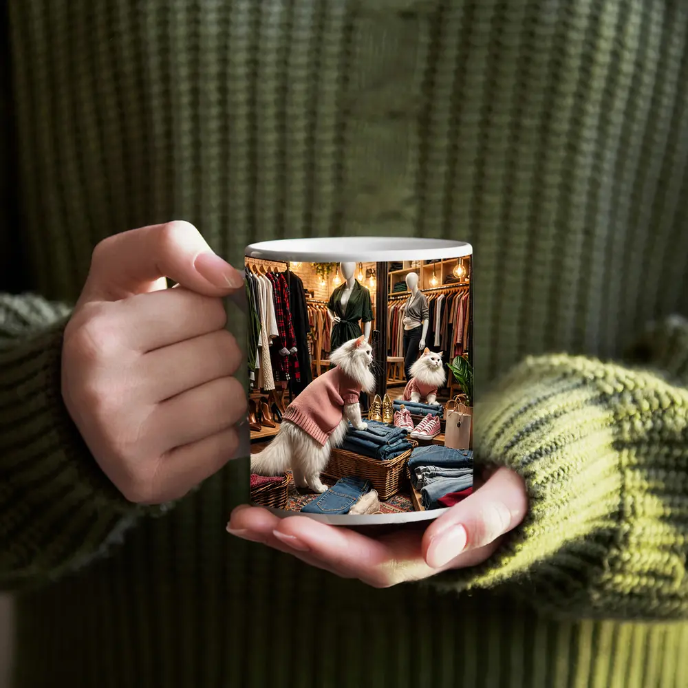 White Cat Wearing Sweater In Fashion Boutique – Mugs