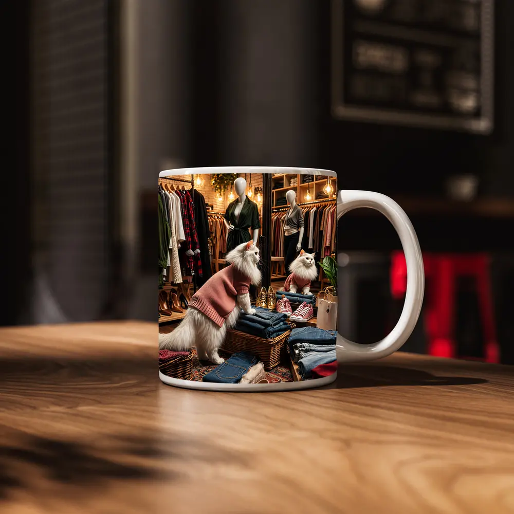 White Cat Wearing Sweater In Fashion Boutique – Mugs