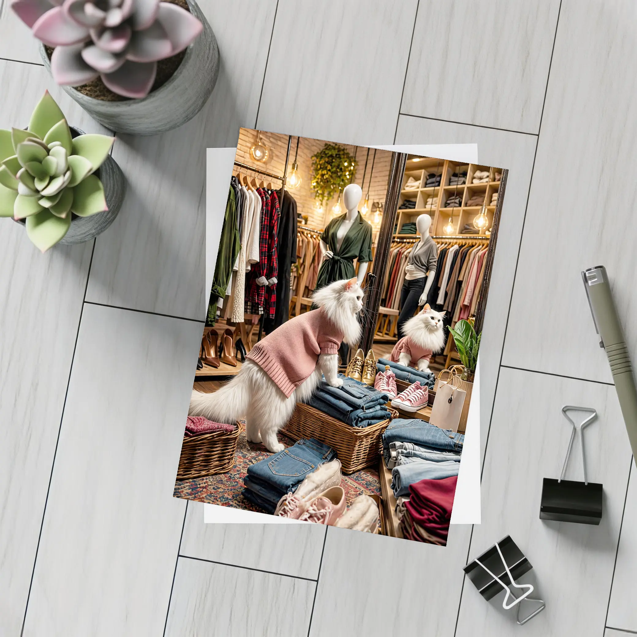 White Cat Wearing Sweater In Fashion Boutique – Postcards