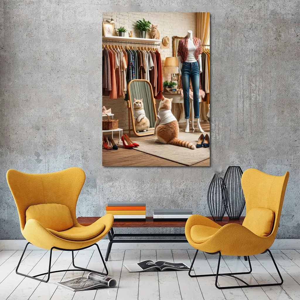 Fashionable Cat in Boutique Dressing Room – Wall Art