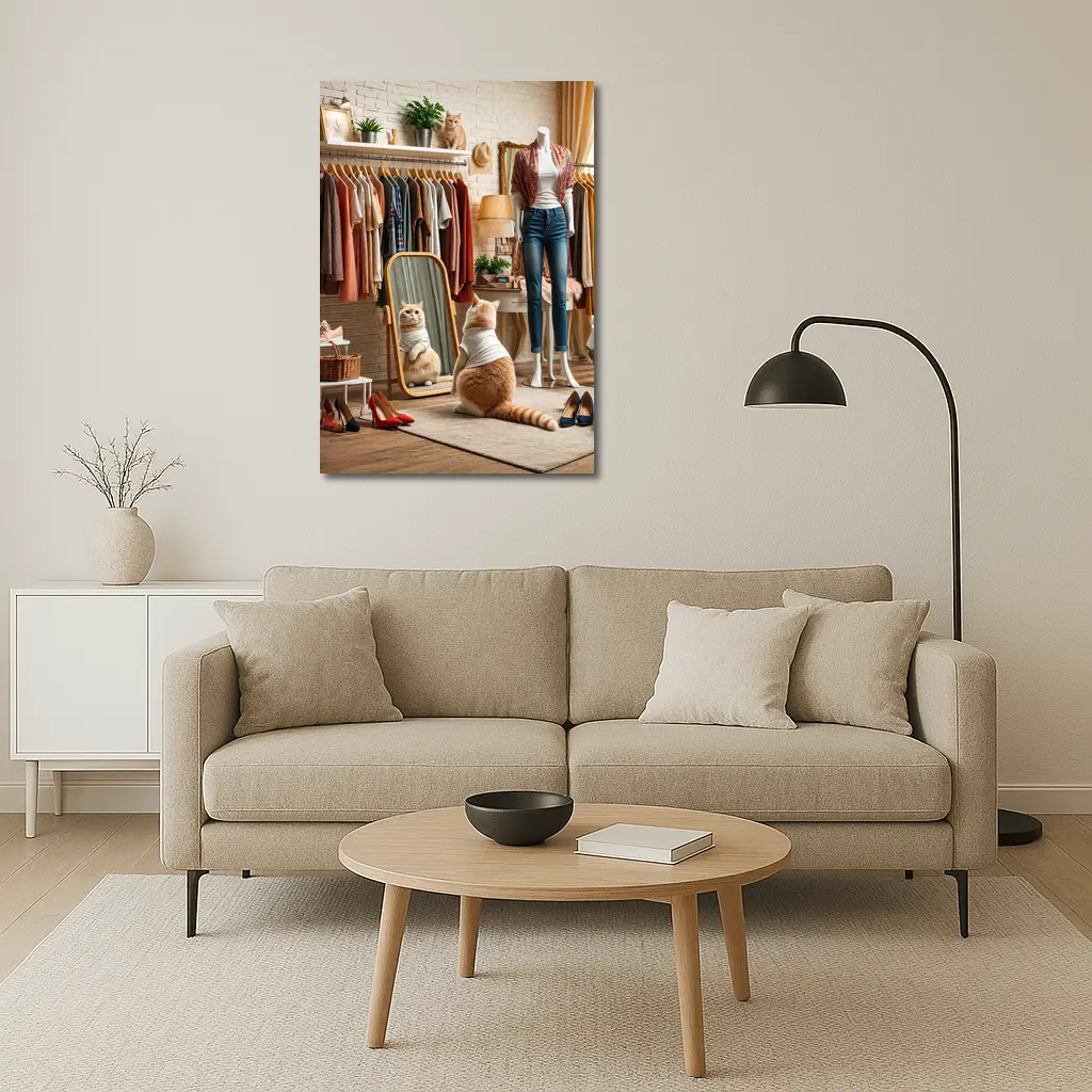 Fashionable Cat in Boutique Dressing Room – Wall Art