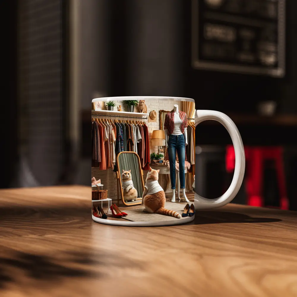 Fashionable Cat in Boutique Dressing Room – Mugs