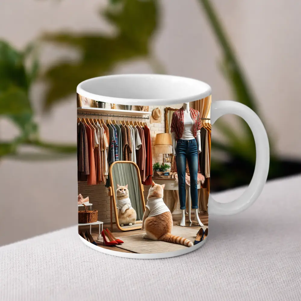 Fashionable Cat in Boutique Dressing Room – Mugs