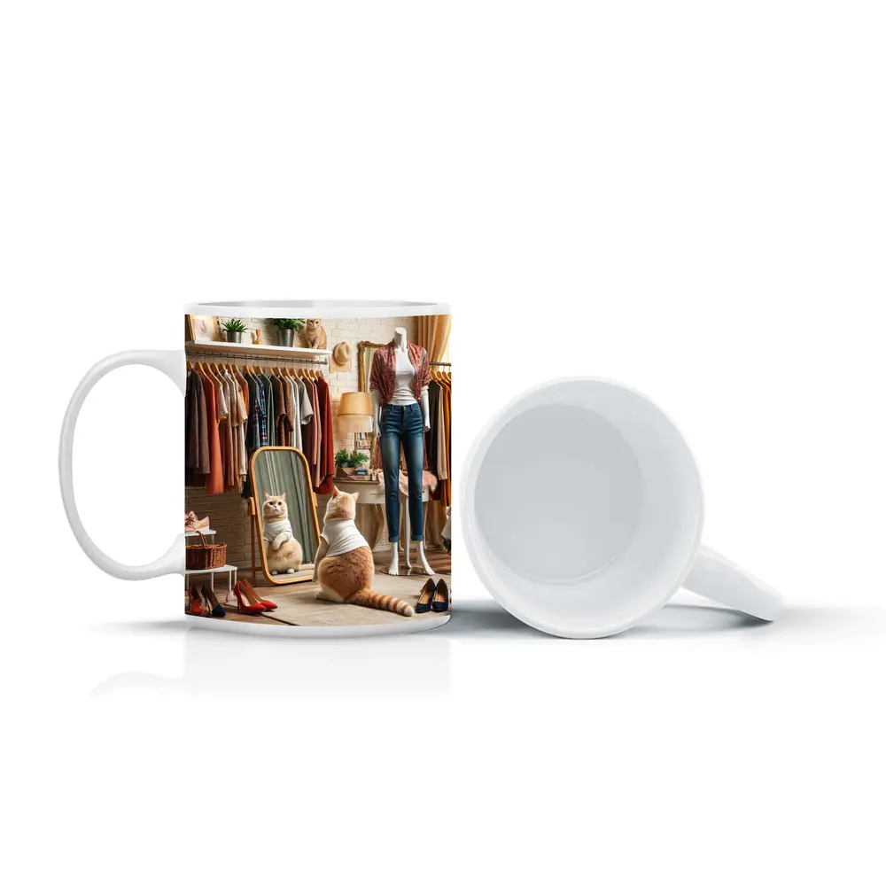 Fashionable Cat in Boutique Dressing Room – Mugs