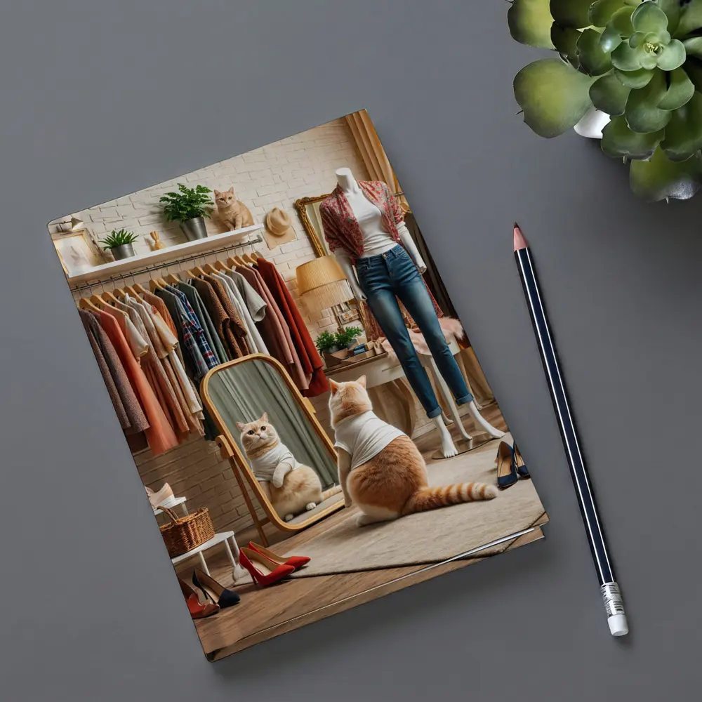 Fashionable Cat in Boutique Dressing Room – Notebooks