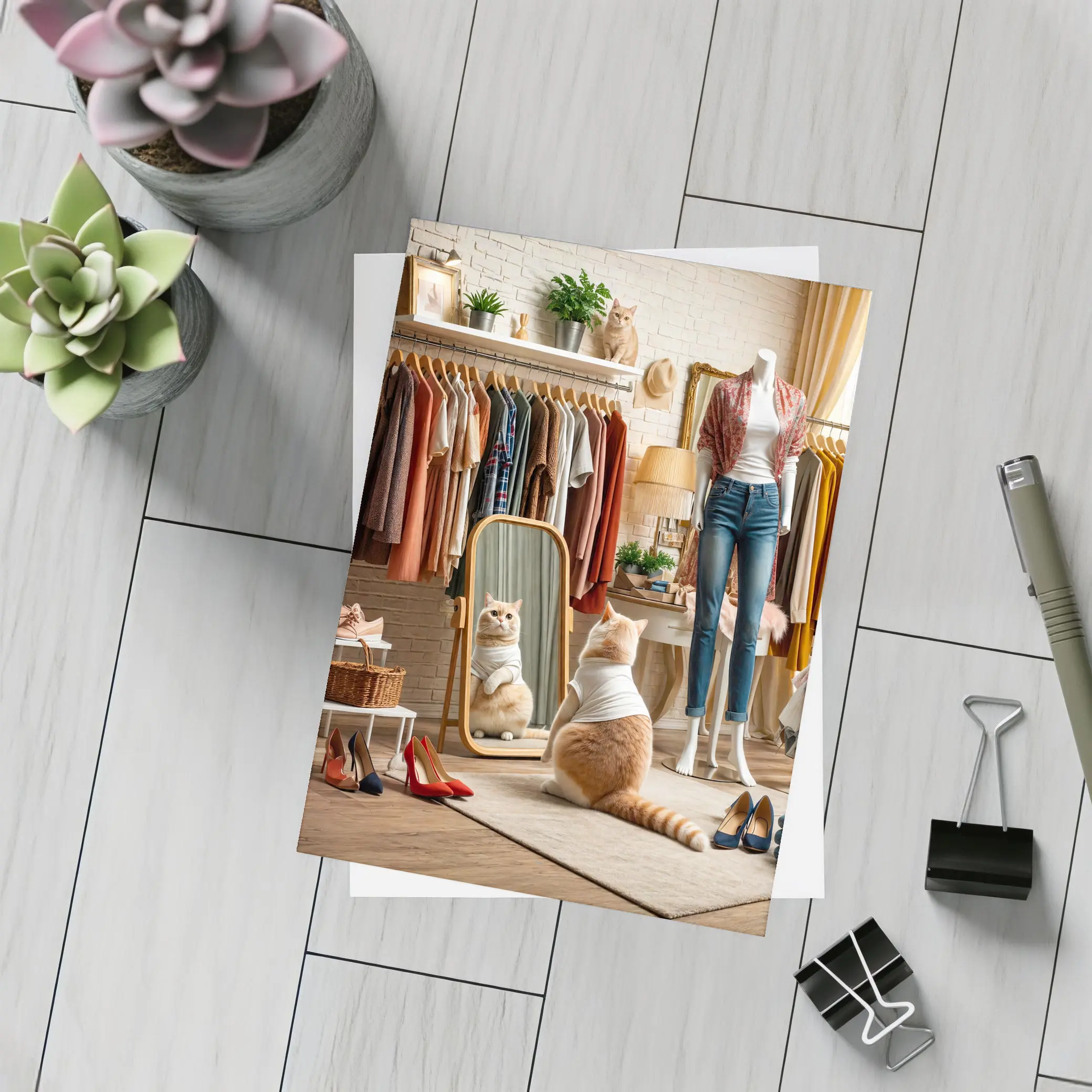 Fashionable Cat in Boutique Dressing Room – Postcards