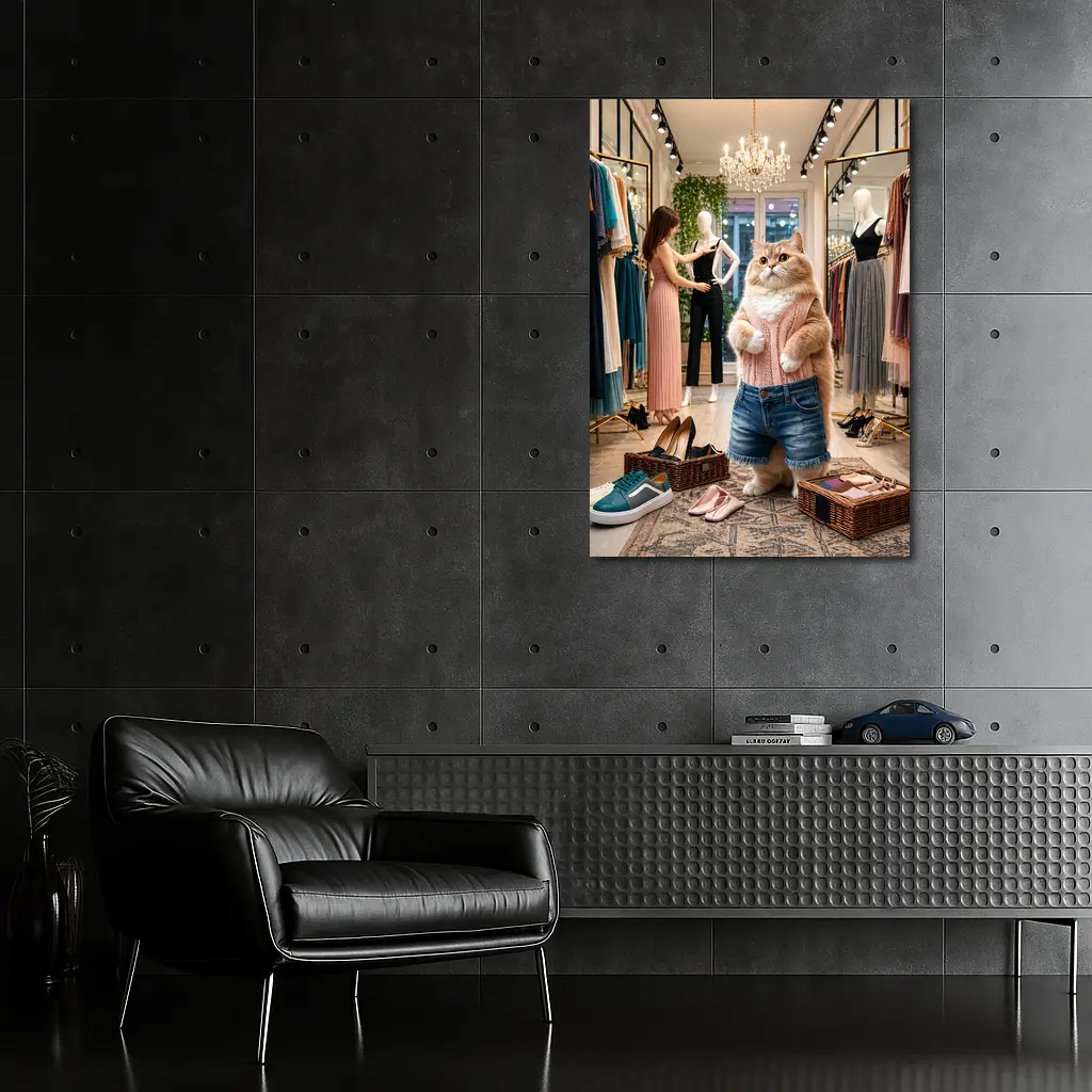 Fashionable Cat Shopping in Clothing Boutique – Wall Art