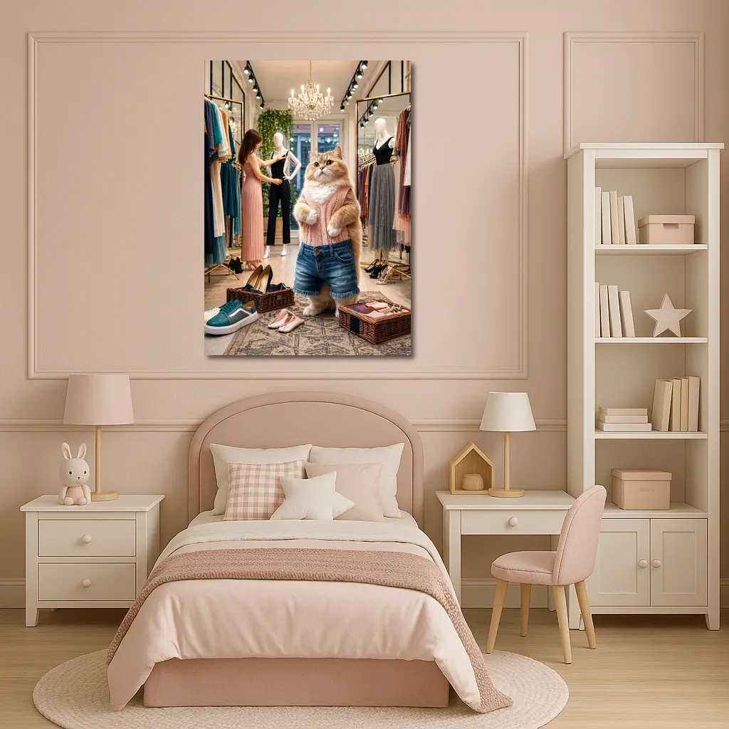 Fashionable Cat Shopping in Clothing Boutique – Wall Art