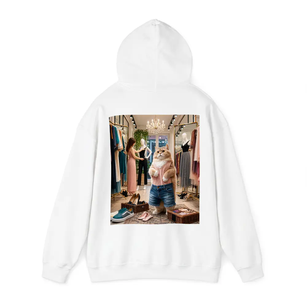 Fashionable Cat Shopping in Clothing Boutique – Hoodies