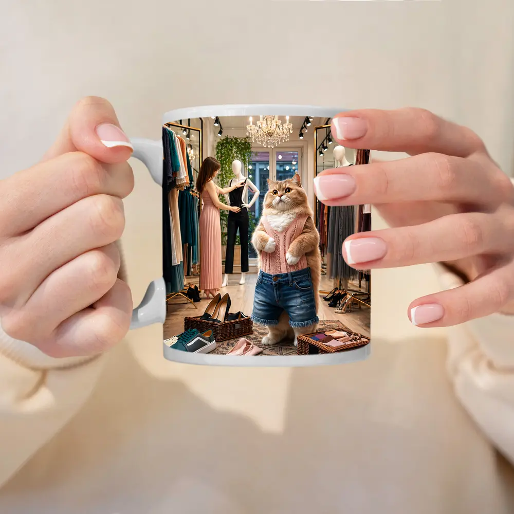 Fashionable Cat Shopping in Clothing Boutique – Mugs