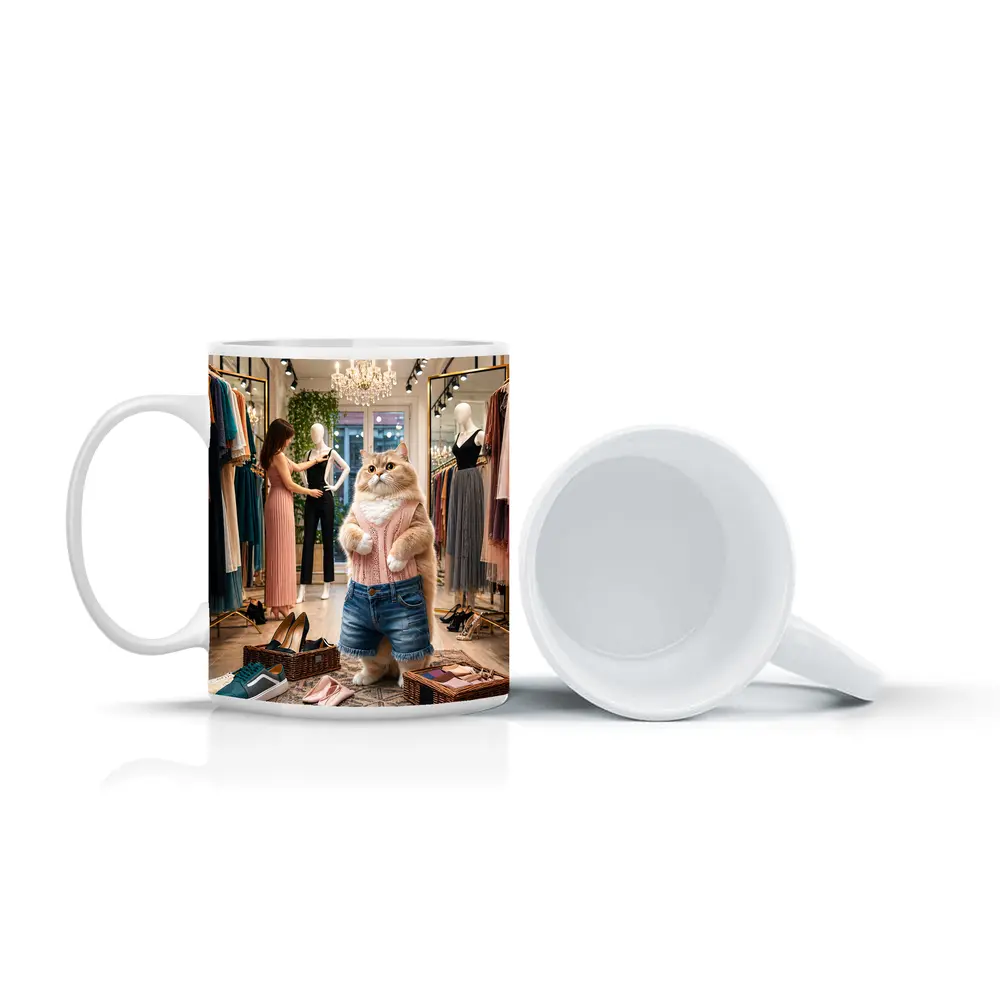Fashionable Cat Shopping in Clothing Boutique – Mugs