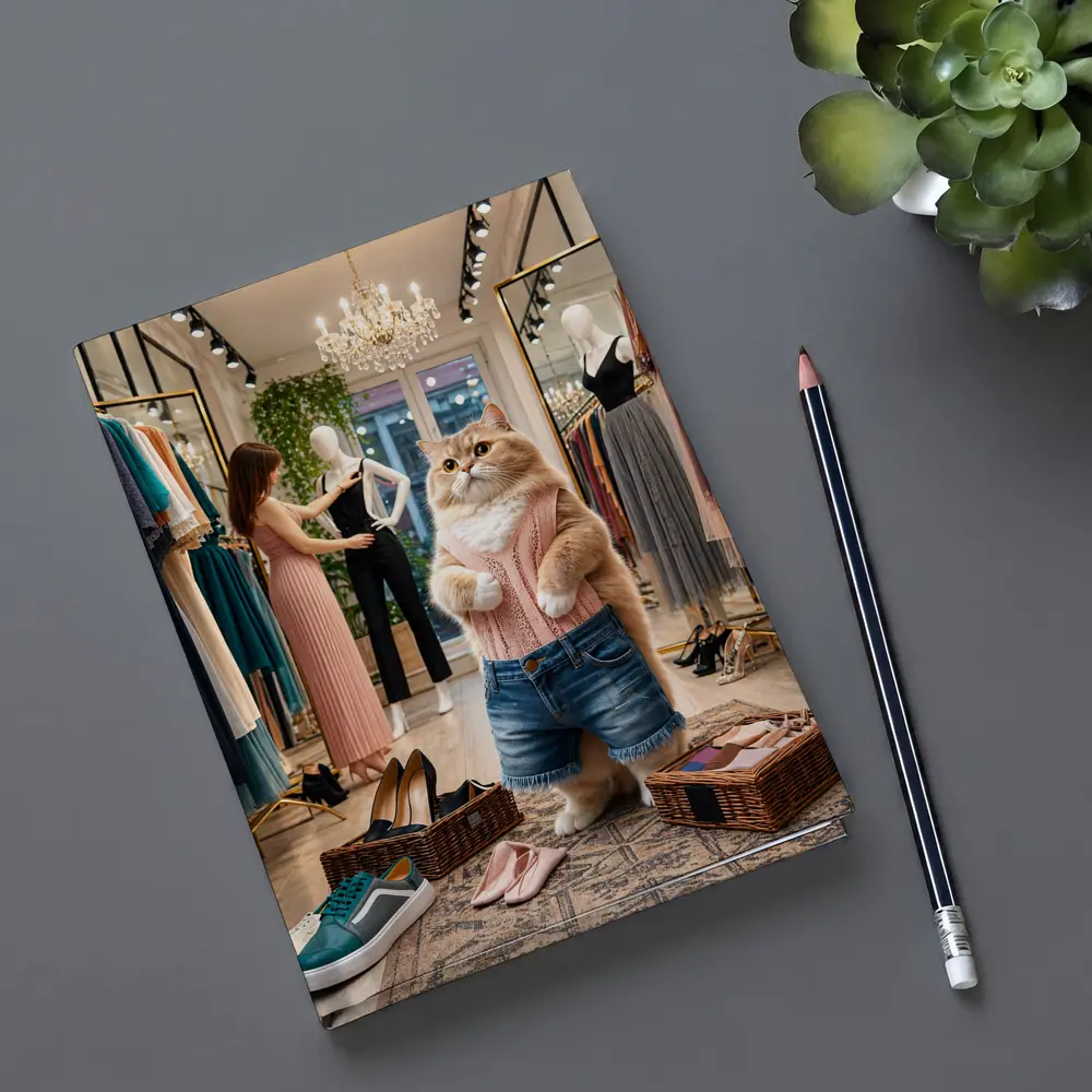 Fashionable Cat Shopping in Clothing Boutique – Notebooks