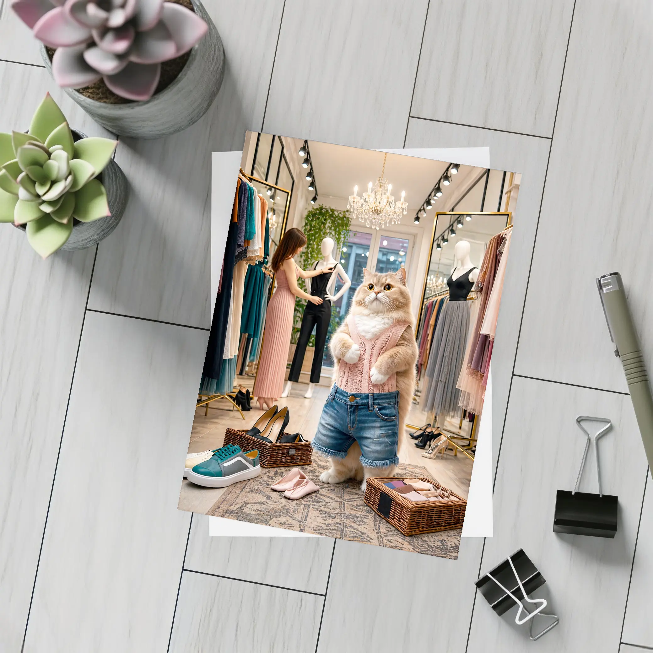Fashionable Cat Shopping in Clothing Boutique – Postcards