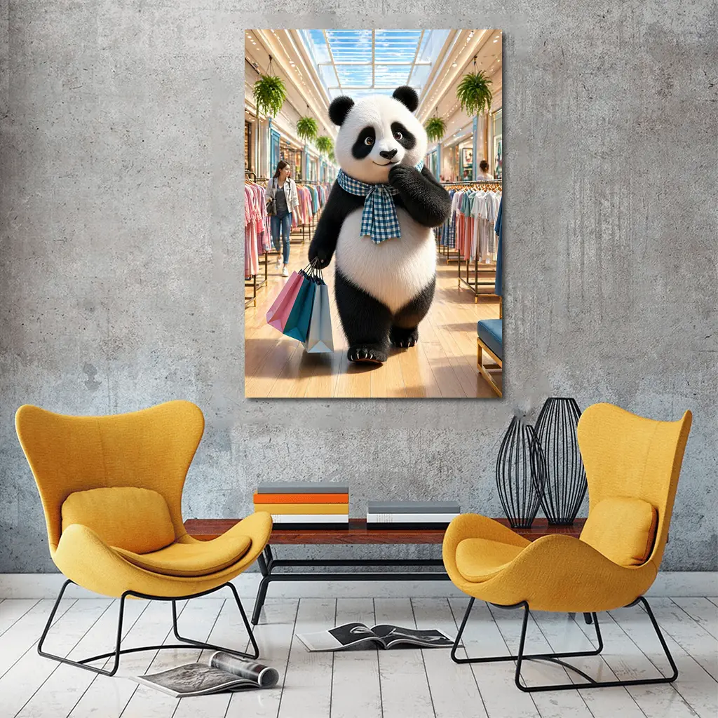 Fashionista Panda Shopping at Colorful Mall – Wall Art