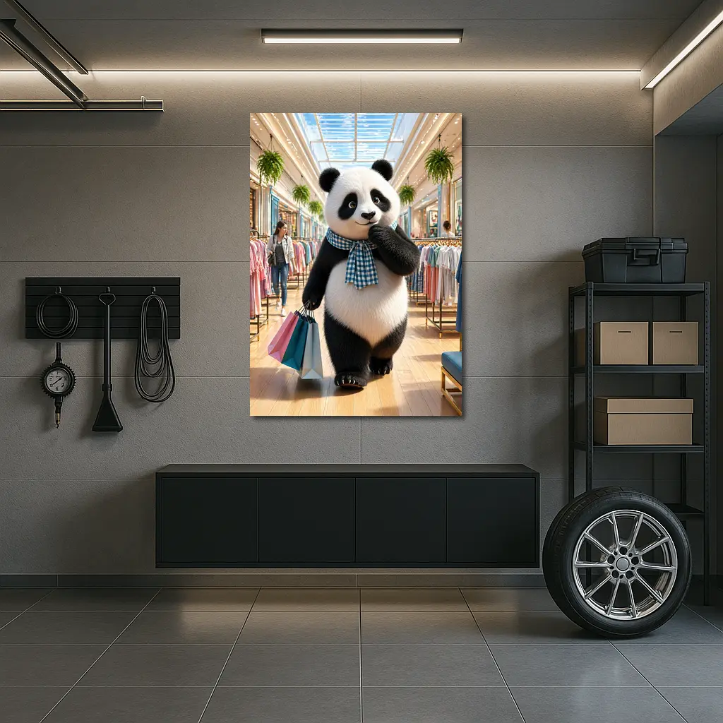 Fashionista Panda Shopping at Colorful Mall – Wall Art