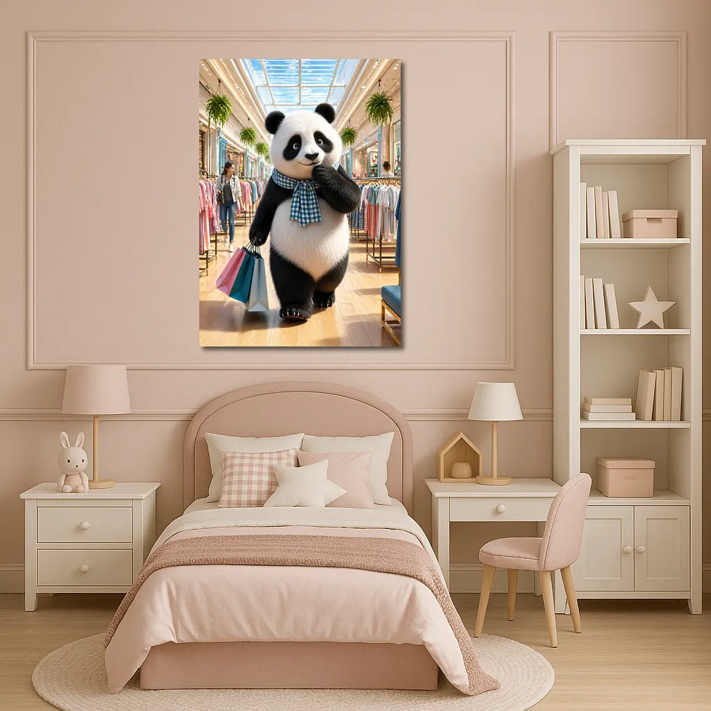 Fashionista Panda Shopping at Colorful Mall – Wall Art