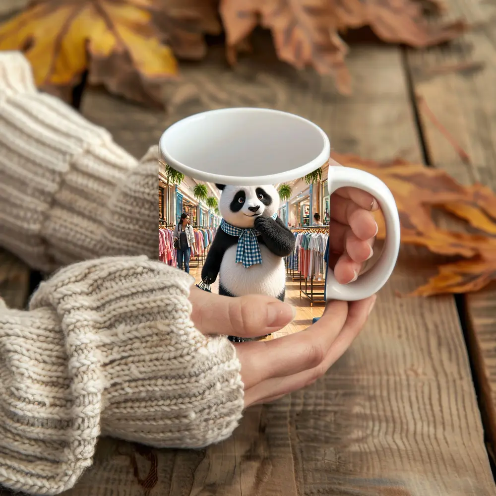 Fashionista Panda Shopping at Colorful Mall – Mugs