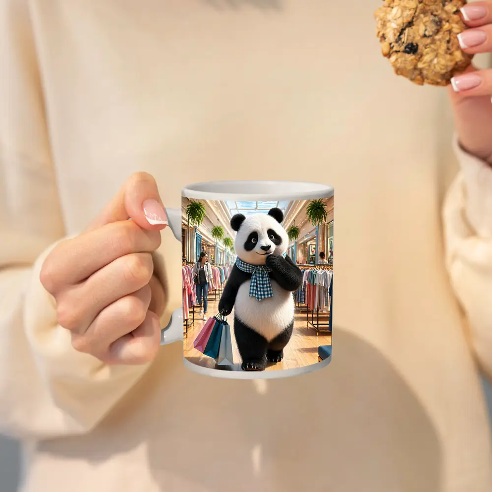 Fashionista Panda Shopping at Colorful Mall – Mugs
