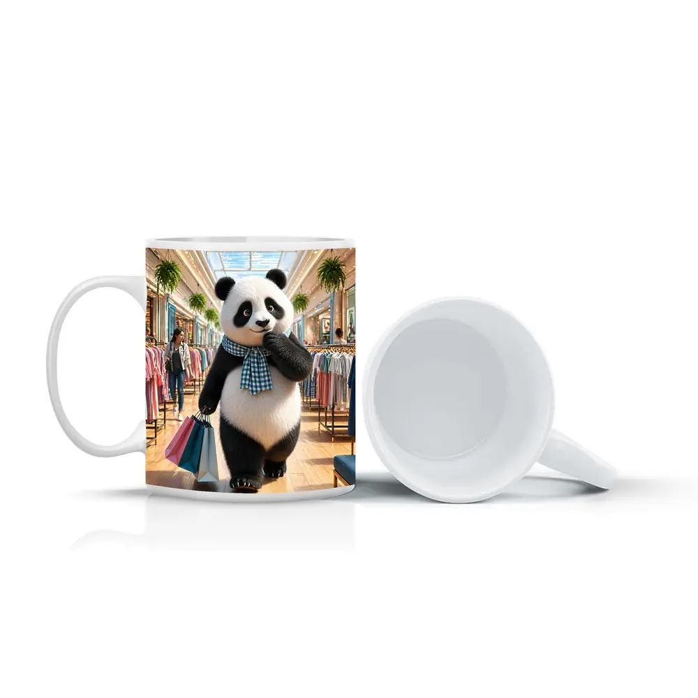 Fashionista Panda Shopping at Colorful Mall – Mugs