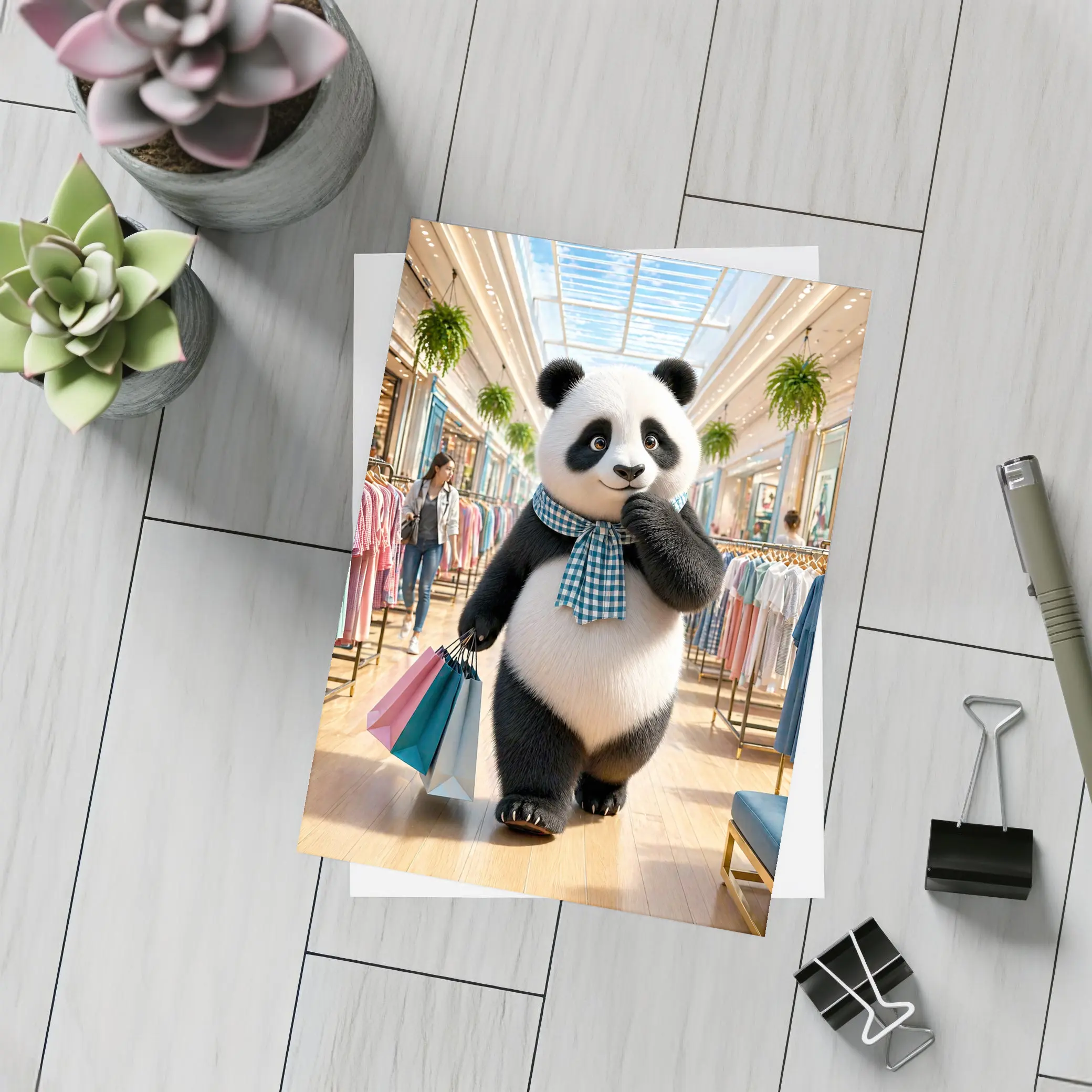 Fashionista Panda Shopping at Colorful Mall – Postcards