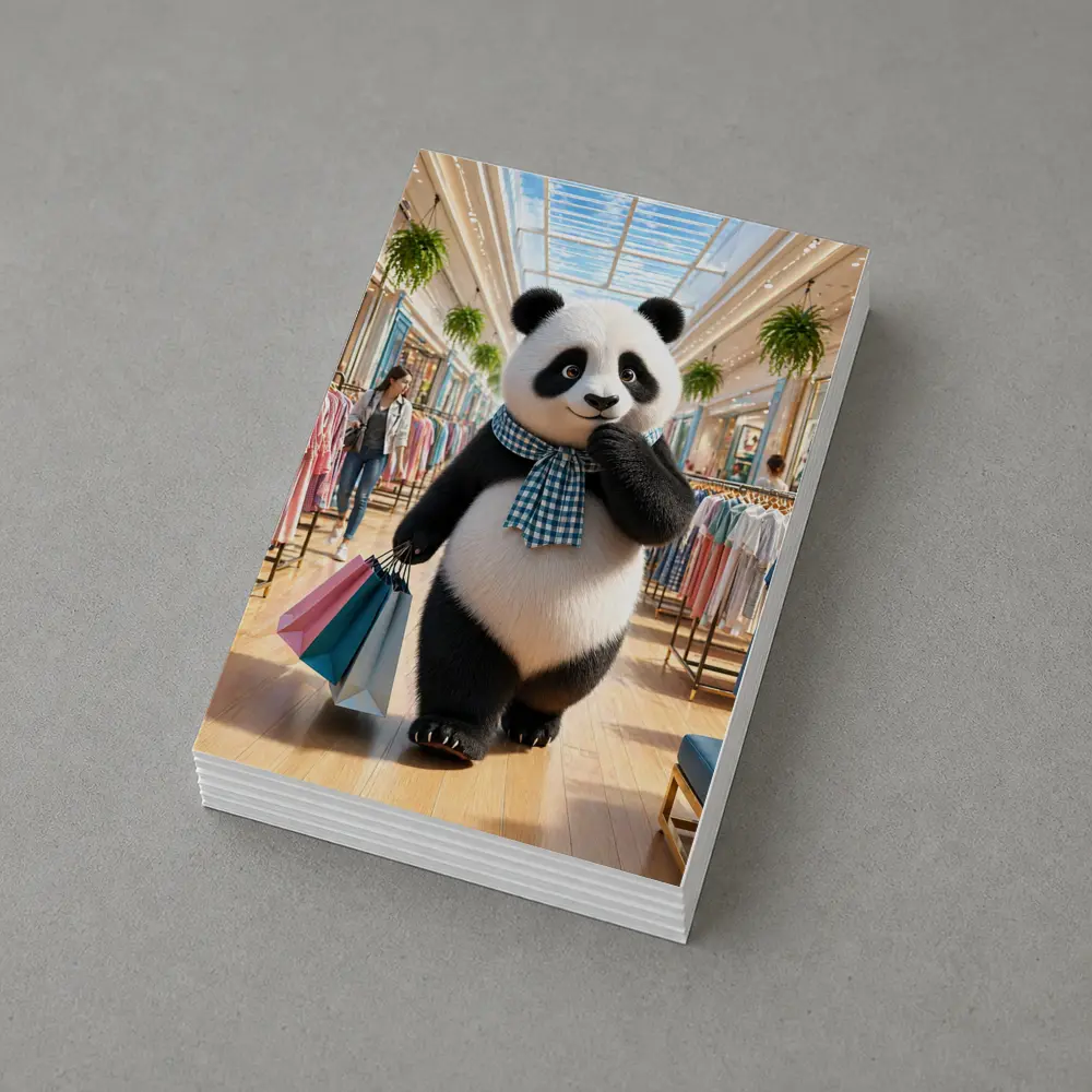 Fashionista Panda Shopping at Colorful Mall – Postcards