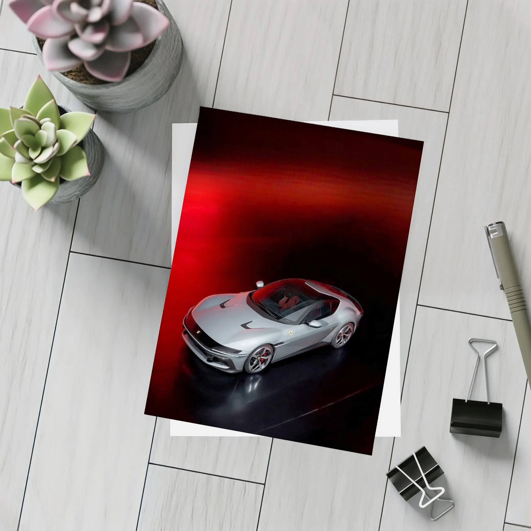 Ferrari Twelve Cylinders Silver Car Dark Studio – Postcards