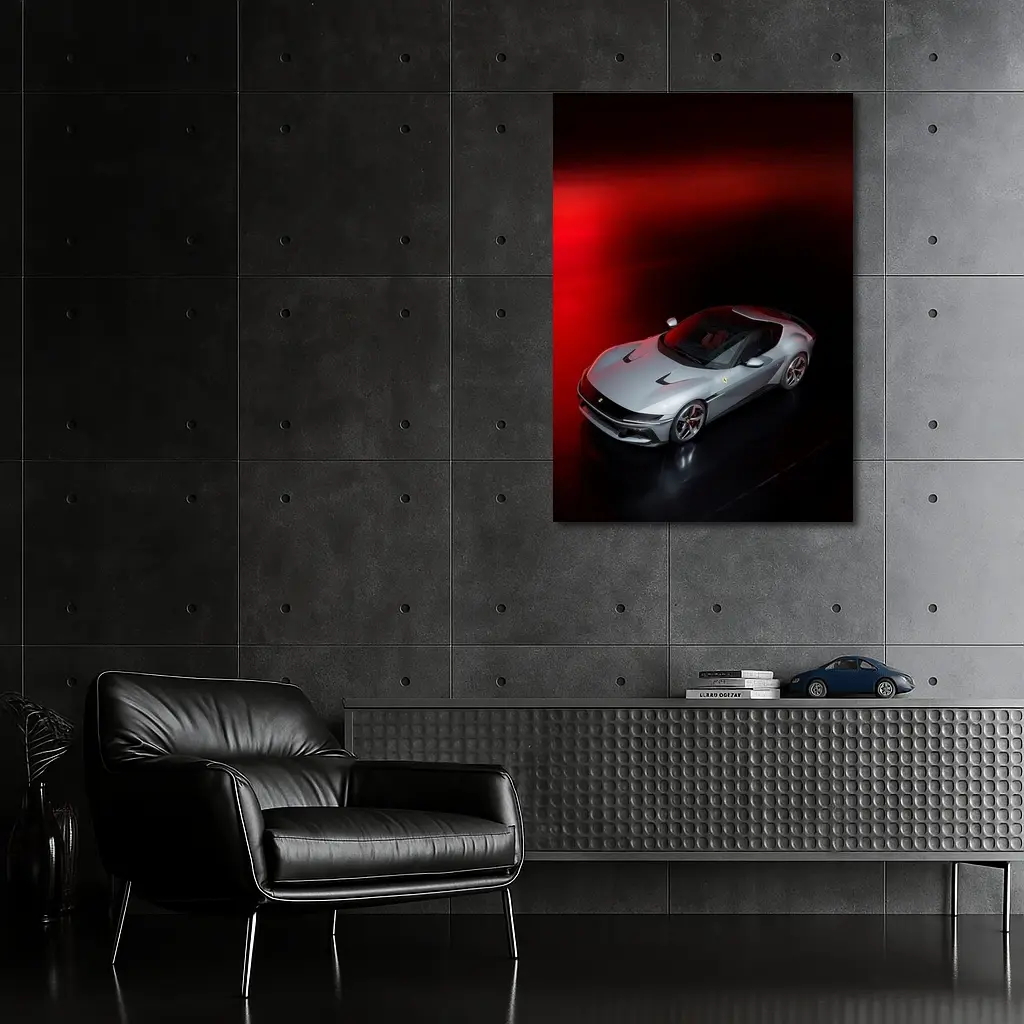 Ferrari Twelve Cylinders Silver Car Dark Studio – Wall Art