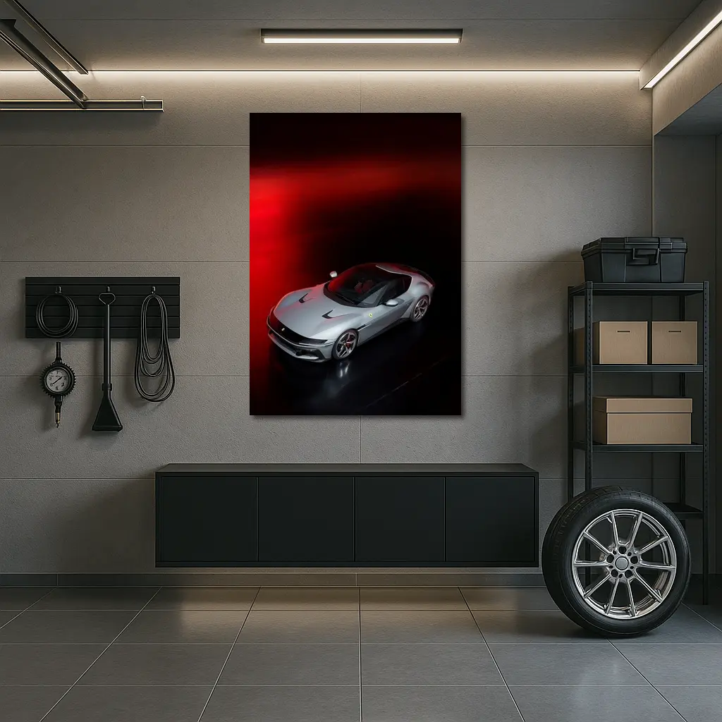Ferrari Twelve Cylinders Silver Car Dark Studio – Wall Art