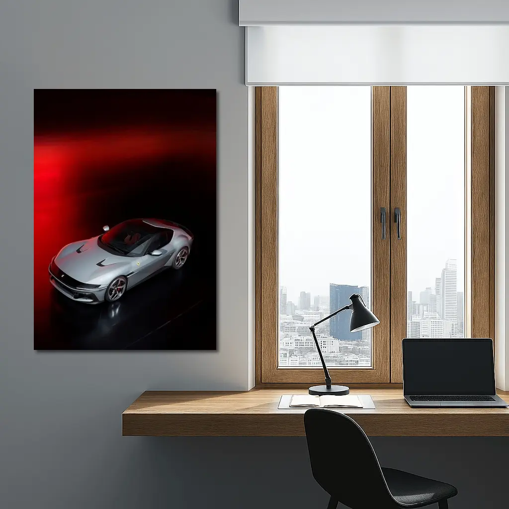 Ferrari Twelve Cylinders Silver Car Dark Studio – Wall Art