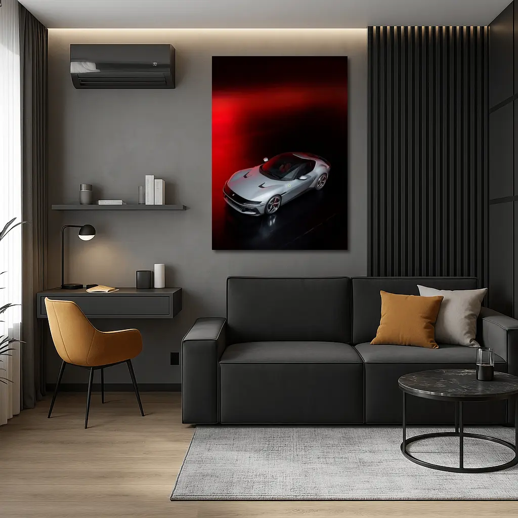 Ferrari Twelve Cylinders Silver Car Dark Studio – Wall Art