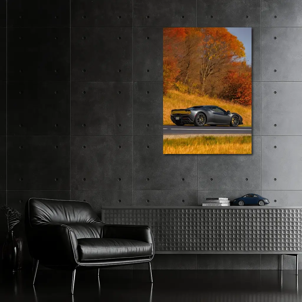 Ferrari 296 GTB Matte Gray Autumn Road – Wall Art