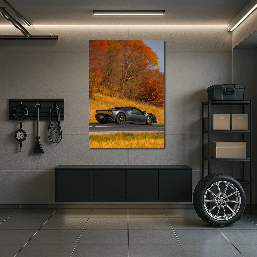 Ferrari 296 GTB Matte Gray Autumn Road – Wall Art