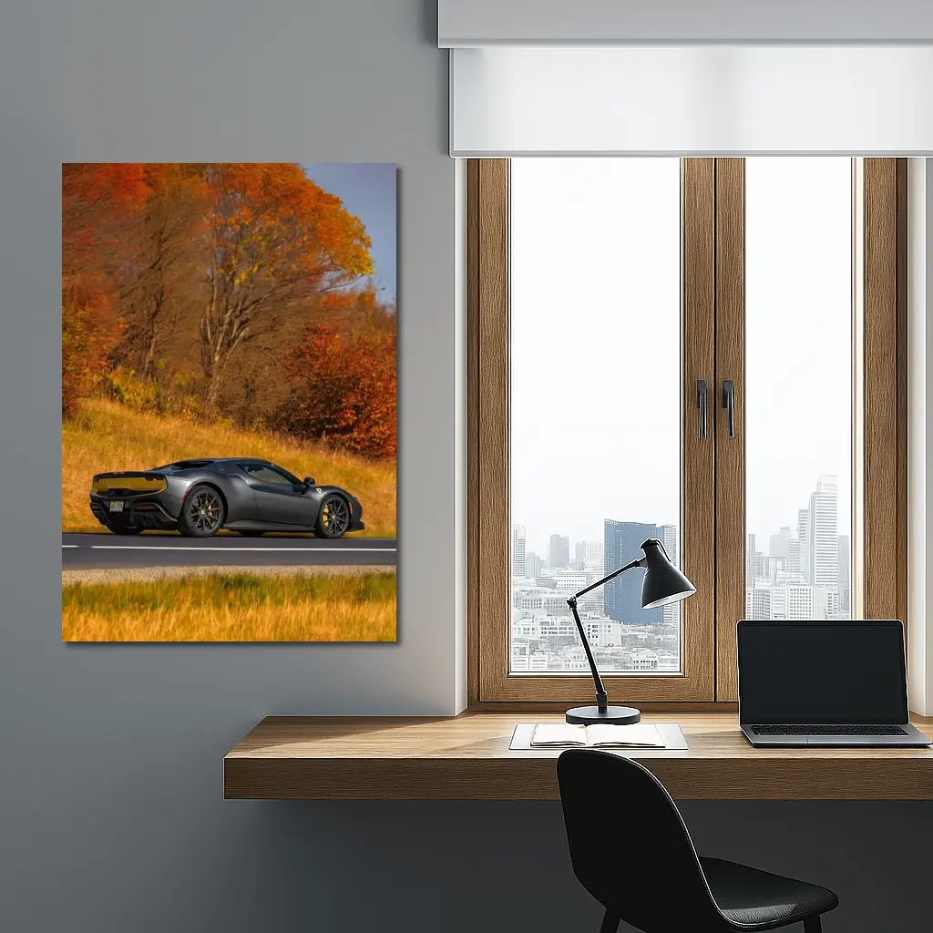 Ferrari 296 GTB Matte Gray Autumn Road – Wall Art