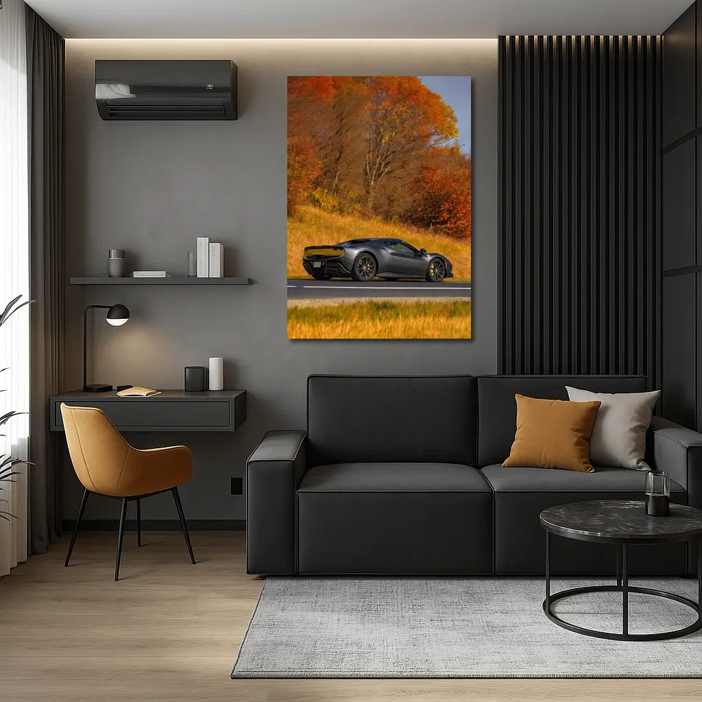 Ferrari 296 GTB Matte Gray Autumn Road – Wall Art