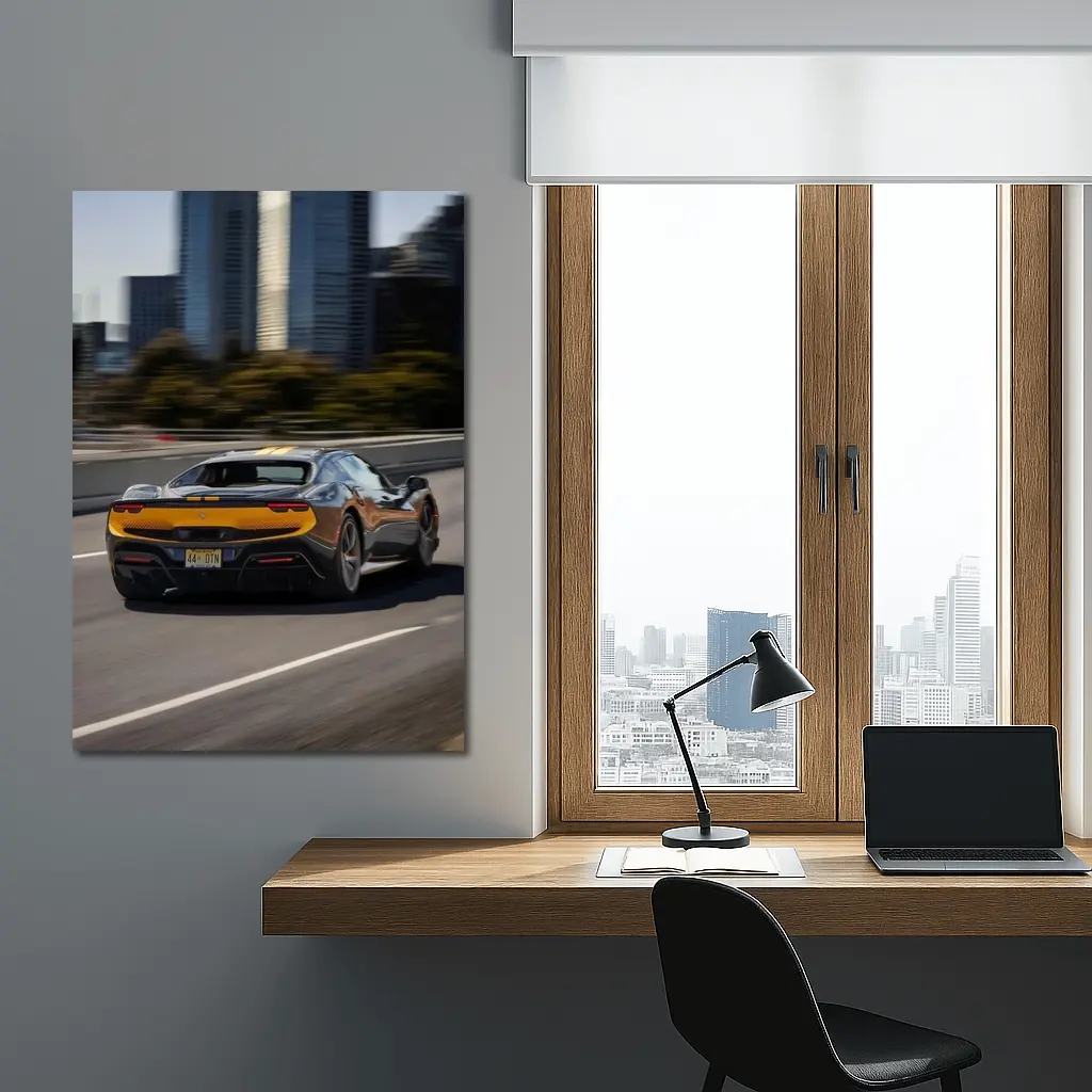 Ferrari 296 GTB Speeding Through City Highway – Wall Art