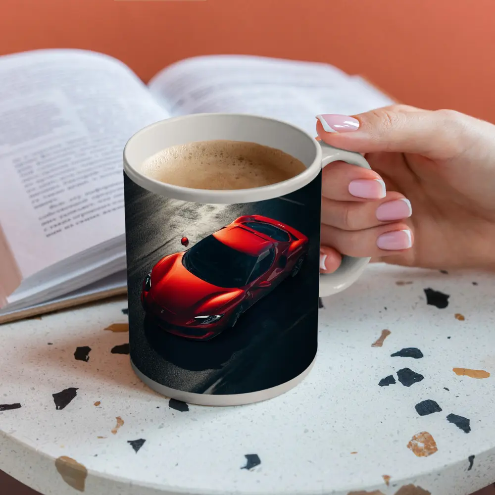 Ferrari 296 GTB Red on Dark Pavement – Mugs